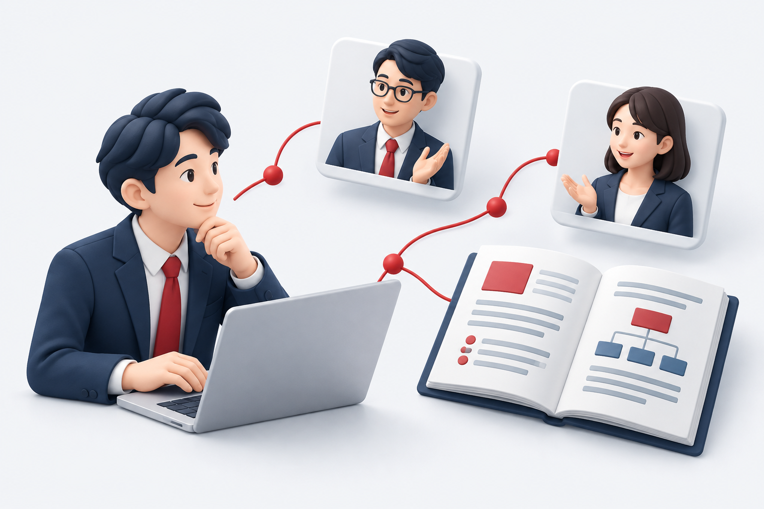 業務資料と社内のつながりから相談先を見つける新任者のイメージ
