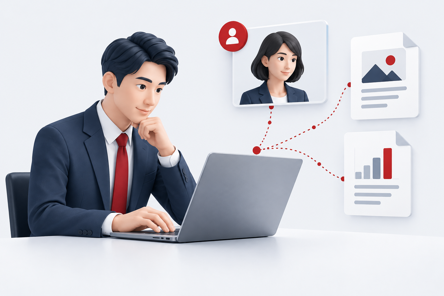 社内の専門家と関連資料を見つけ、提案を準備する営業担当者のイメージ