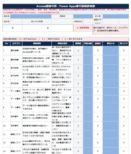 Access・Power Apps移行簡易診断シート